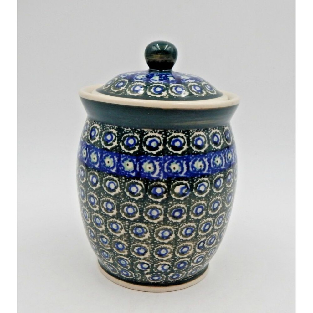 Bolesławiec Polish Pottery Small Canister Jar 5 Inch Green Blue Swirl